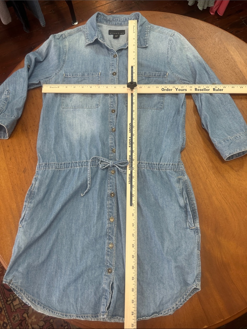 Attention Light Blue Denim Shirt Dress with Drawstring Waist Size Small - Picture 3 of 4